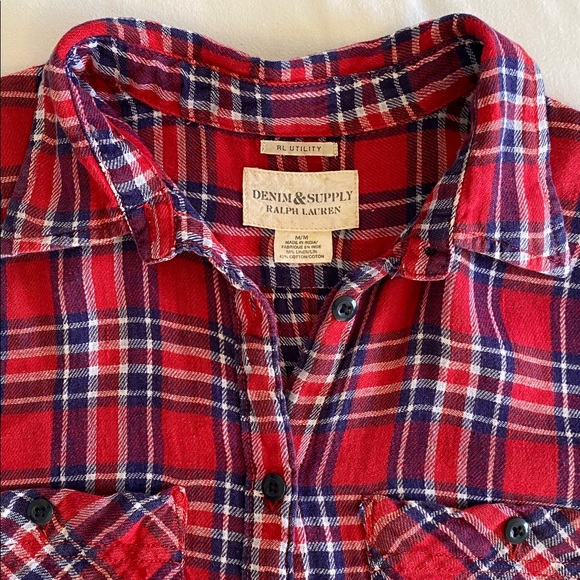Ralph Lauren RL Utility linen cotton blend plaid shirt button front tunic hem M - Picture 3 of 12